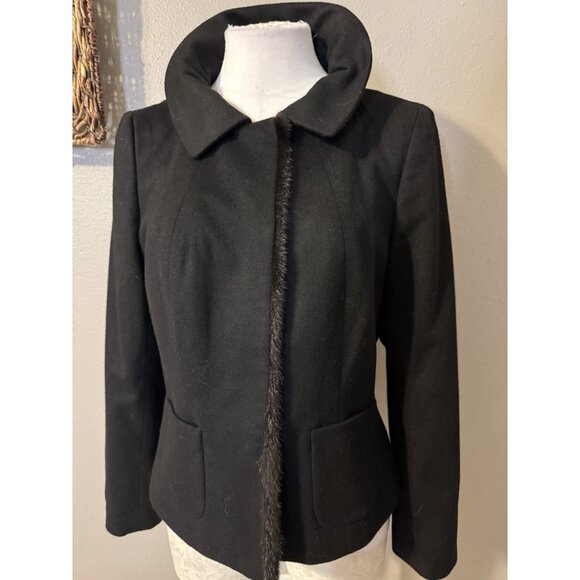Ann Taylor Suit Jacket Blazer 10 Black Wool Cashmere Fur Trim Old Money Preppy - Picture 3 of 13